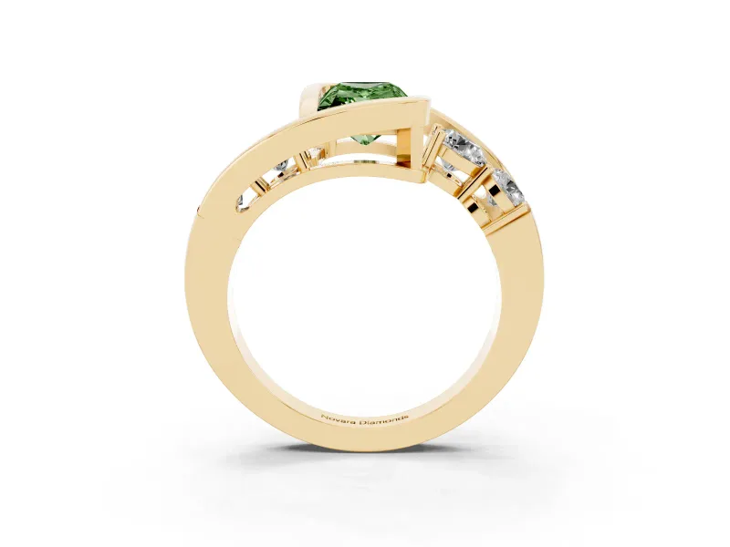 Fancy Green Radiant Cut Diamond Bezel Bypass Ring Set in Yellow gold with Round Accents