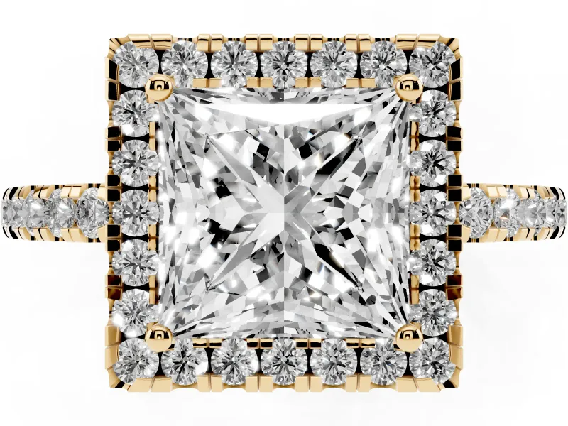 Princess Cut Halo Engagement Ring Setting | Shared Prong Pavé Band | Yellow Gold