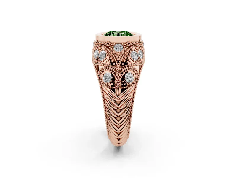 Fancy Green Round Cut Diamond Bezel Ring Set in Rose gold with Milgrain Accent Band