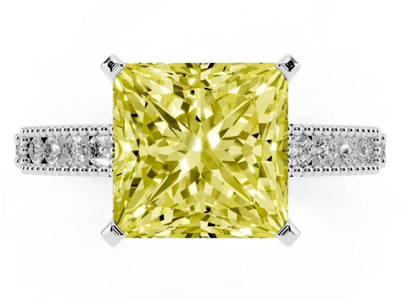 Fancy Yellow Princess Cut Diamond Solitaire Ring Set in Silver with Slim Pavé Band and Prong Setting