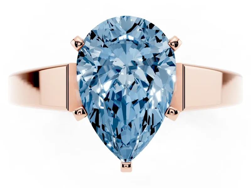 Fancy Blue Pear Cut Diamond Solitaire Engagement Ring Set in Rose gold with Prong Setting and Tapered Band