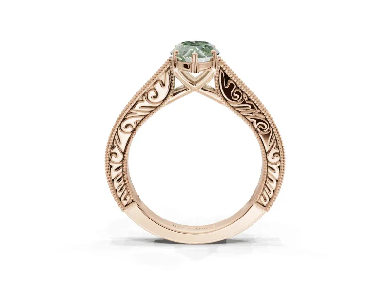 Marquise Vintage Engraved Pavé Engagement Ring Setting for a Fancy Green Lab-Grown Diamond | Milgrain Edges | Rose Gold