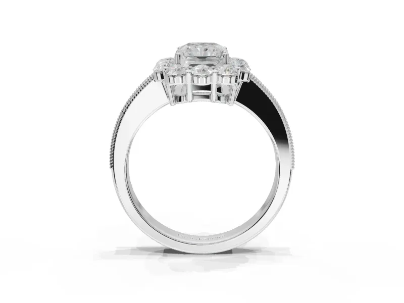Radiant Cut Vintage Halo Engagement Ring Setting | Milgrain Channel Band | White Gold