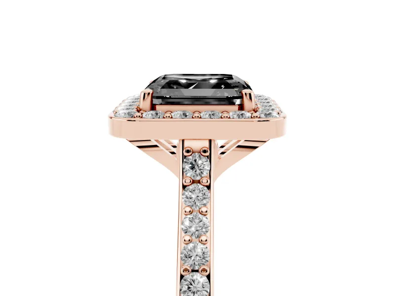 Asscher Cut Pavé Halo Engagement Ring Setting for a Black Center | Rose Gold