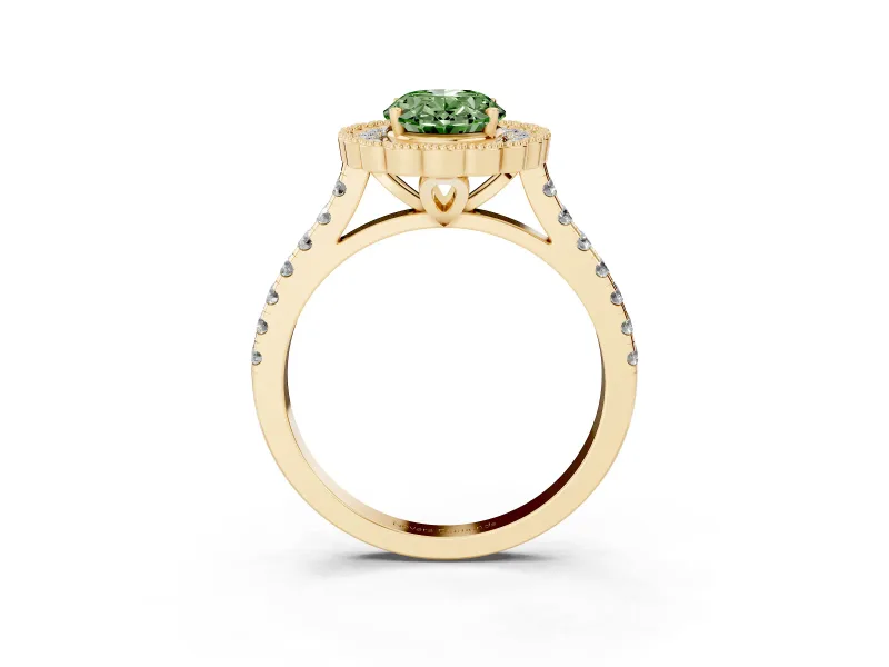 Fancy Green Oval Cut Diamond Milgrain Floral Halo Engagement Ring Set in Yellow gold with Pavé Band