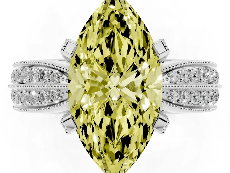 Fancy Yellow Marquise Cut Diamond Solitaire Ring Set in White gold with Milgrain Double Row Round Pavé Band