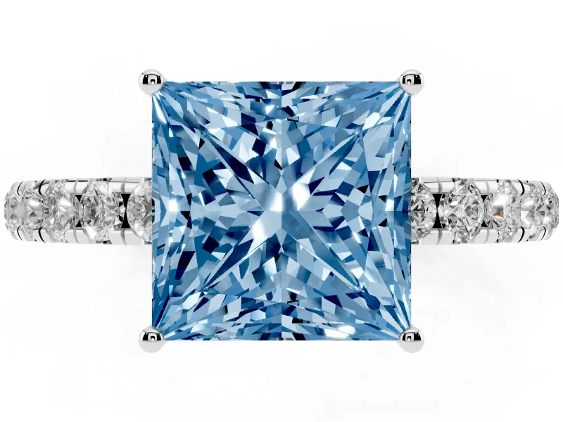 Princess Cut Pave Engagement Ring Setting for a Fancy Blue Lab-Grown Diamond | Shared Prong Band | White Gold