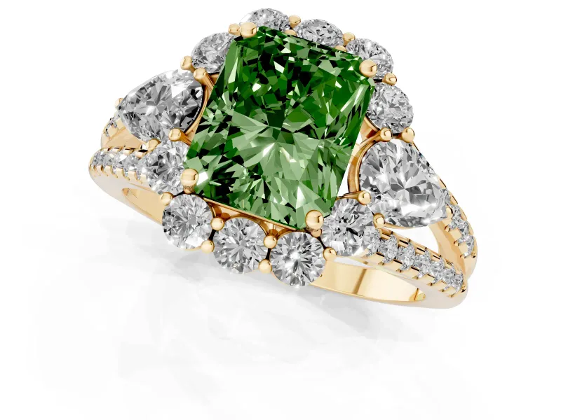 Fancy Green Radiant Cut Diamond Halo Split Shank Engagement Ring Set in Yellow gold with Prong-Held Center Stone