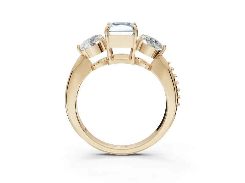 Radiant Cut Three Stone Engagement Ring Setting for a Fancy Blue Lab-Grown Diamond | Tapered Pave Band | Yellow Gold