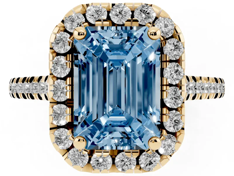 Emerald Cut Halo Engagement Ring Setting for a Fancy Blue Lab-Grown Diamond | Tapered Band | Yellow Gold