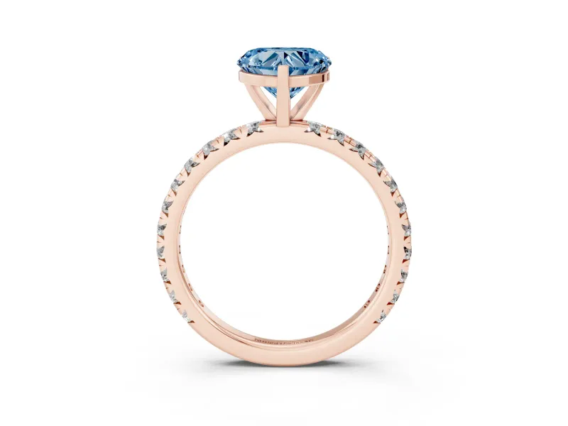 Fancy Blue Heart Cut Diamond Pavé Solitaire Ring Set in Rose gold with Round Band and Prong Setting