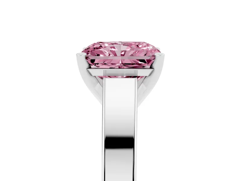 Fancy Pink Radiant Cut Diamond Solitaire Engagement Ring Set in White gold with Prong Setting and Tapered Band