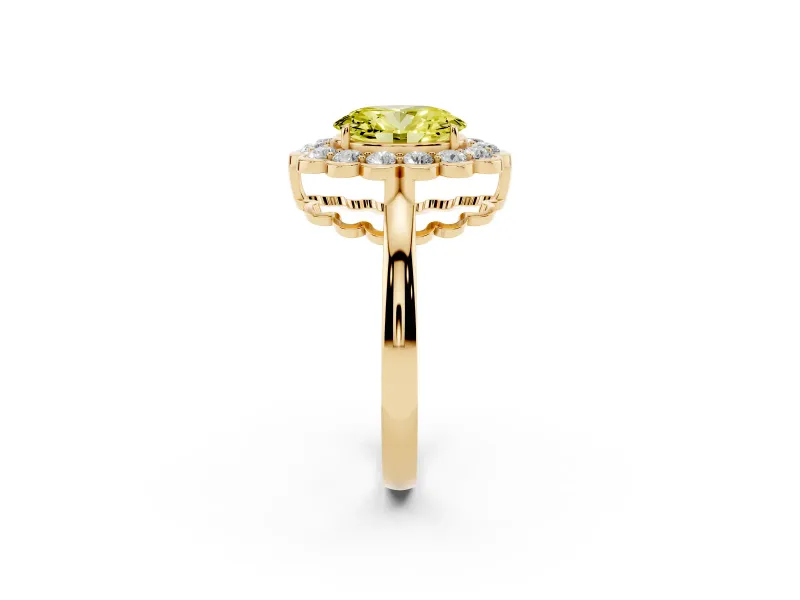 Oval Scalloped Cluster Halo Engagement Ring Setting for a Fancy Yellow Lab-Grown Diamond | Plain Band | Yellow Gold