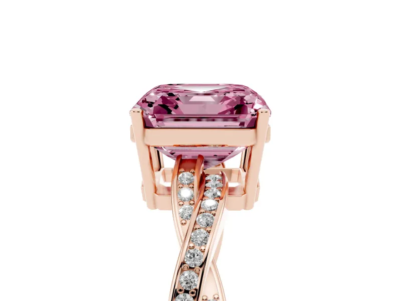 Fancy Pink Asscher Cut Diamond Solitaire Twisted Pavé Ring Set in Rose gold with Prong Setting