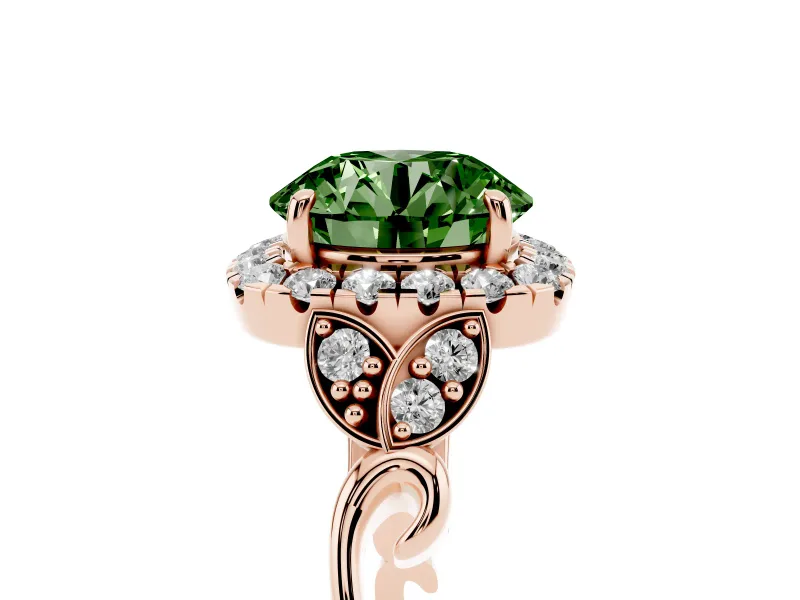 Round Halo Engagement Ring Setting for a Fancy Green Lab-Grown Diamond | Leaf Shoulders | Rose Gold