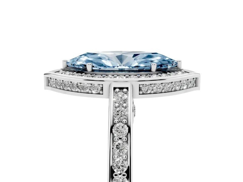 Fancy Blue Marquise Cut Diamond Halo Pavé Split Shank Ring Set in Platinum with Prong Setting