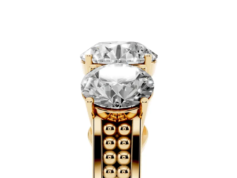 Round Three Stone Engagement Ring Setting | Beaded Shoulders | Yellow Gold