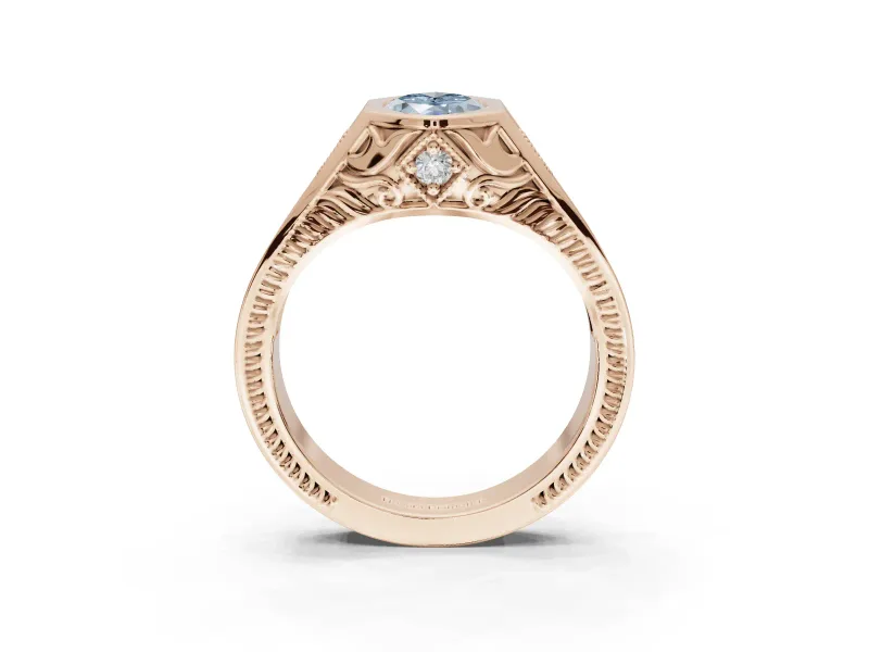Marquise Vintage Bezel Engagement Ring Setting for a Fancy Blue Lab-Grown Diamond | Engraved Band | Rose Gold