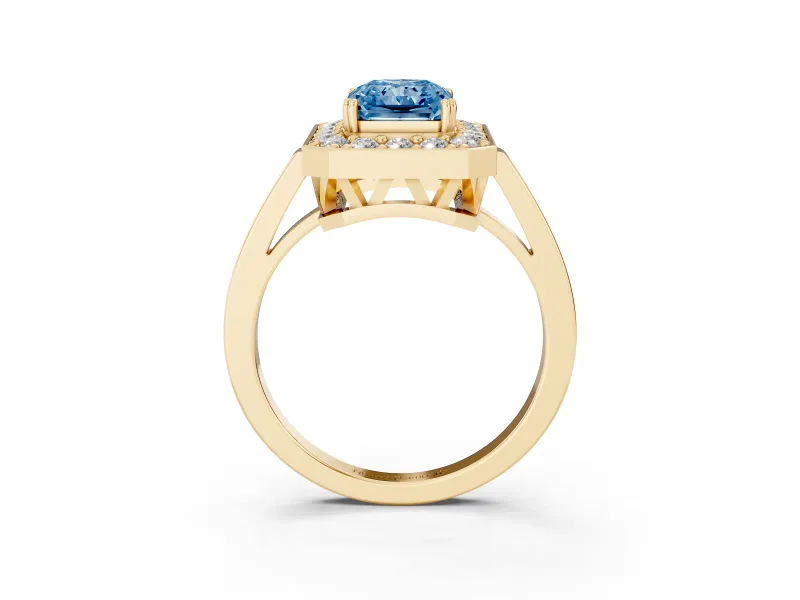 Radiant Cut Halo Engagement Ring Setting for a Fancy Blue Lab-Grown Diamond | Polished Halo Rim | Yellow Gold