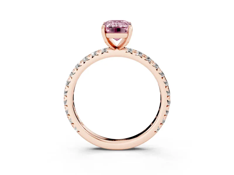 Fancy Pink Emerald Cut Diamond Pavé Solitaire Ring Set in Rose gold with Round Band and Prong Setting