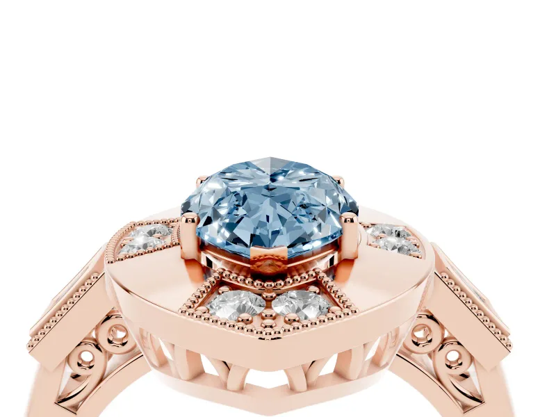 Fancy Blue Marquise Cut Diamond Milgrain Halo Ring Set in Rose gold with Split Shank