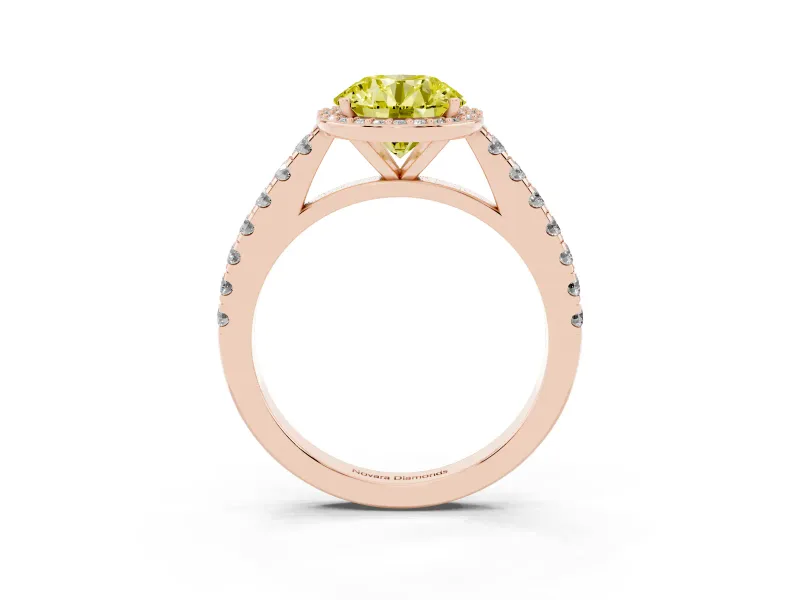 Fancy Yellow Round Cut Diamond Halo Engagement Ring Set in Rose gold with Pavé Band and Prong Setting