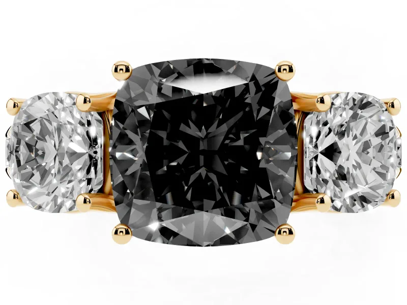 Fancy Black Cushion Cut Diamond Three-Stone Ring Set in Yellow gold with Pavé Band