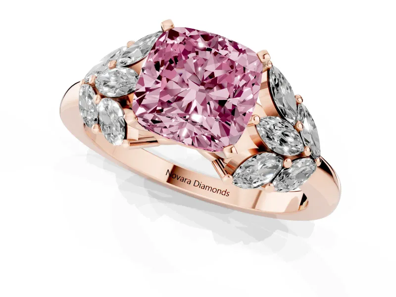 Fancy Pink Cushion Cut Diamond Cluster Leaf Design Ring Set in Rose gold with Prong Setting