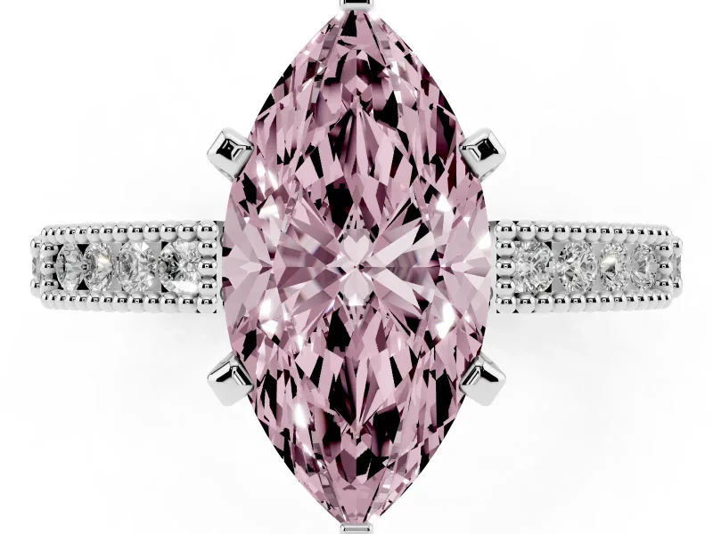 Fancy Pink Marquise Cut Diamond Solitaire Ring Set in White gold with Slim Pavé Band and Prong Setting