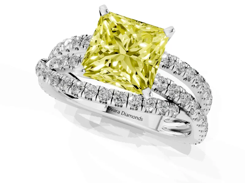 Fancy Yellow Princess Cut Diamond Solitaire Twist Band Ring Set in White gold with Pavé Setting and Prong Head