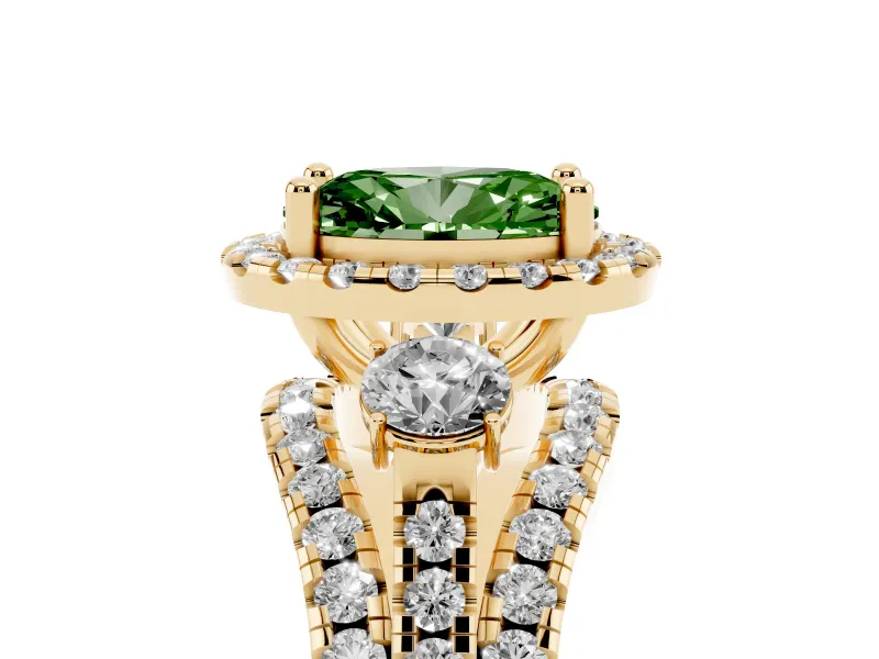 Oval Halo Split Shank Engagement Ring Setting for a Fancy Green Lab-Grown Diamond | Round Side Stones | Yellow Gold