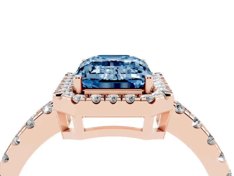Emerald Cut Halo Engagement Ring Setting for a Fancy Blue Lab-Grown Diamond | Graduated Pavé Band | Rose Gold