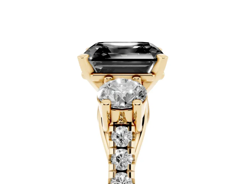 Fancy Black Three-Stone Asscher Cut Diamond Pavé Band Ring Set in Yellow gold with Prong-Set Trio