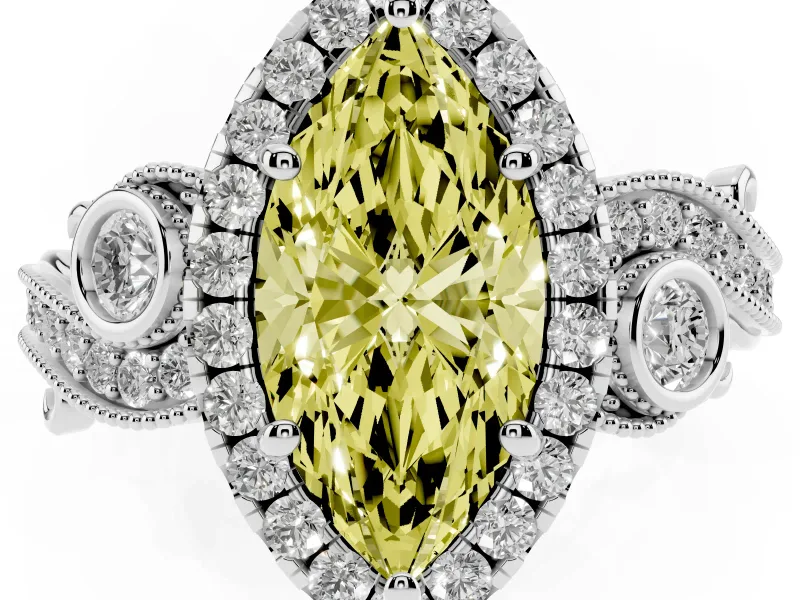 Marquise Vintage Halo Engagement Ring Setting for a Fancy Yellow Lab-Grown Diamond | Bezel Shoulder Accents | Platinum