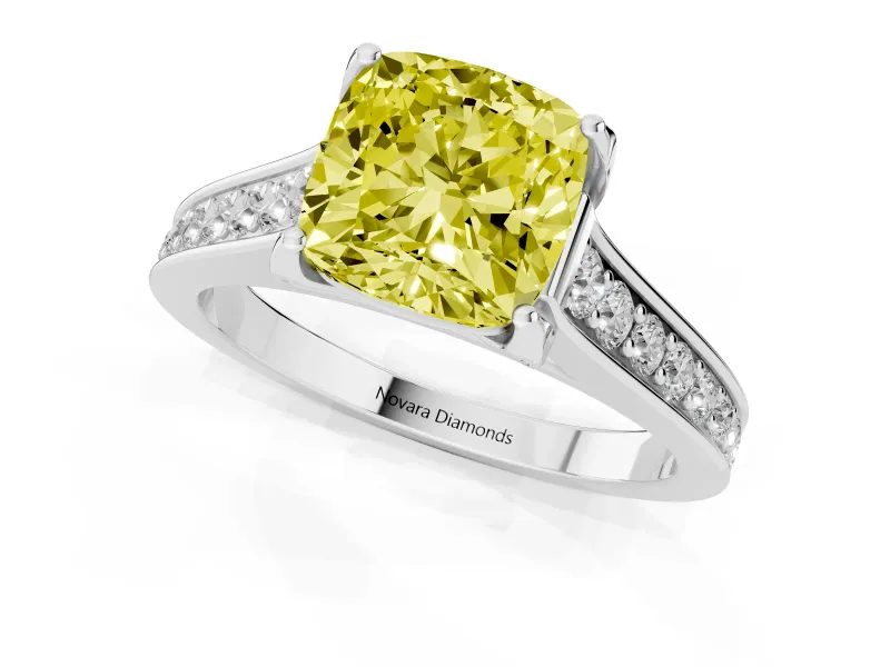 Fancy Yellow Cushion Cut Diamond Solitaire Pavé Engagement Ring Set in Silver with Prong Setting