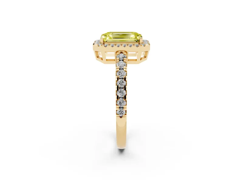 Fancy Yellow Emerald Cut Diamond Halo Ring Set in Yellow gold with Delicate Pavé Band and Prong Setting
