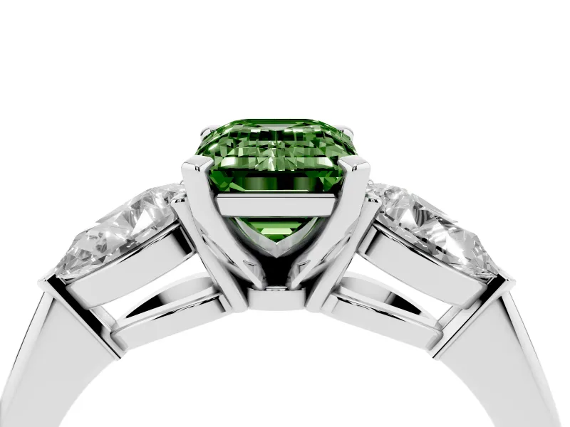 Emerald Cut Three-Stone Engagement Ring Setting for a Fancy Green Lab-Grown Diamond | Pear Side Stones | Sterling Silver