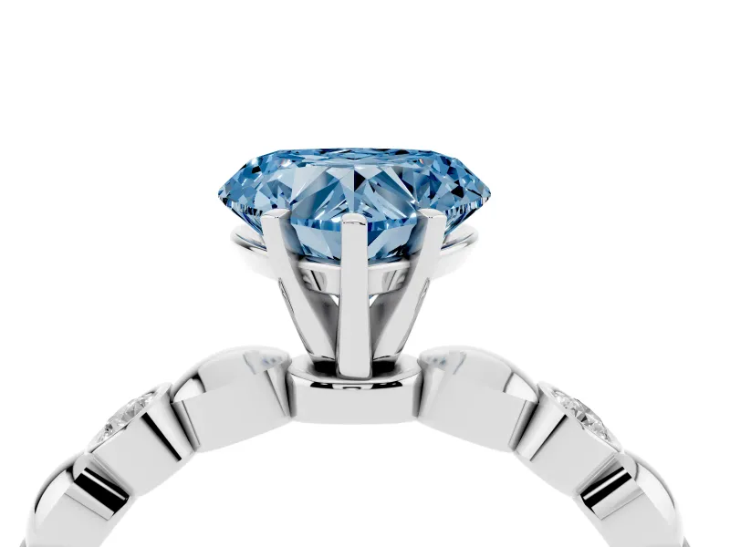 Fancy Blue Heart Cut Diamond Solitaire Ring Set in White gold with Bezel-Set Accents on Beaded Band and Prong Setting