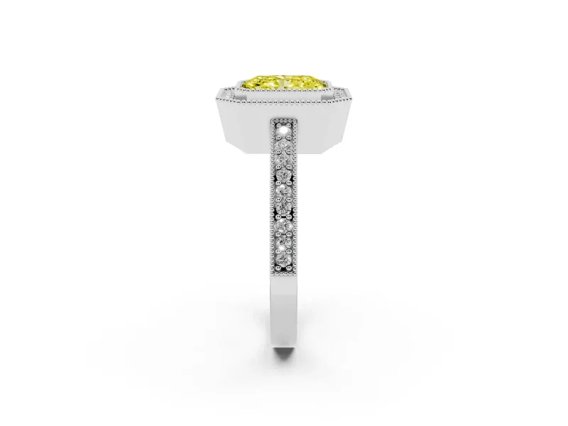 Fancy Yellow Radiant Cut Diamond Halo Engagement Ring Set in White gold with Pavé Band and Round Halo Stones