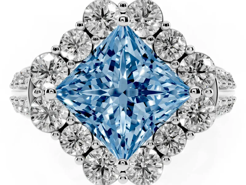 Fancy Blue Princess Cut Diamond Halo Engagement Ring Set in Silver with Split Shank and Prong Setting