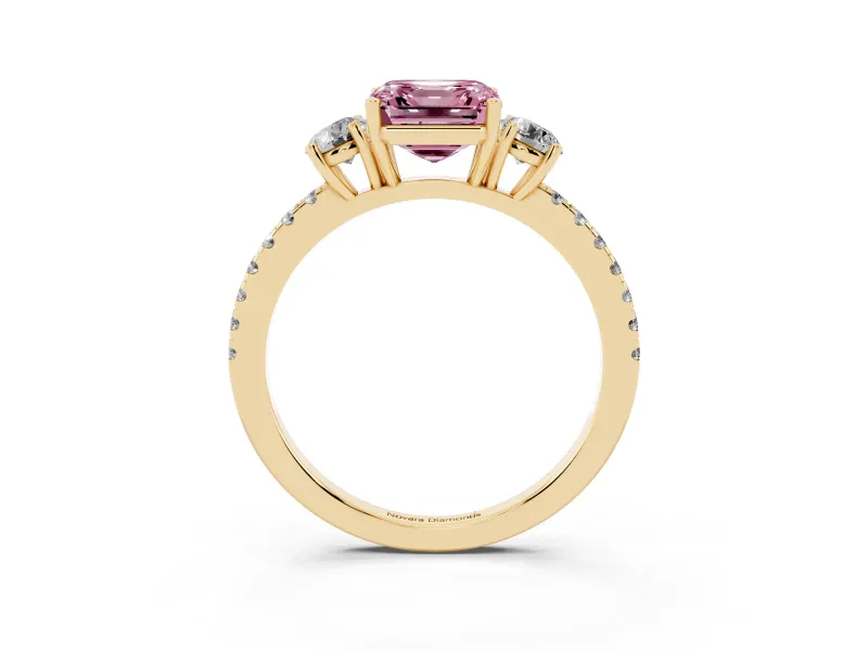 Asscher Cut Three Stone Engagement Ring Setting for a Fancy Pink Lab-Grown Diamond | Pave Shoulders | Yellow Gold