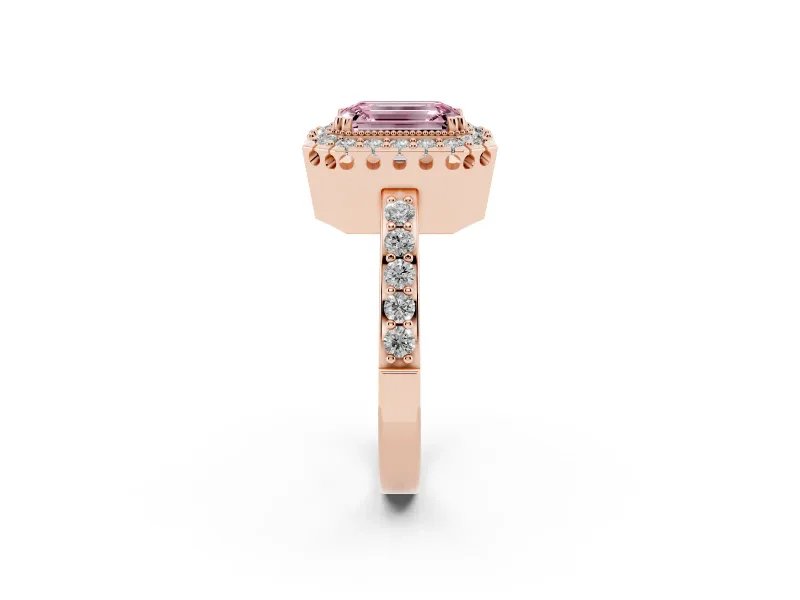 Emerald Cut Milgrain Halo Engagement Ring Setting for a Fancy Pink Lab-Grown Diamond | Pavé Shoulders | Rose Gold