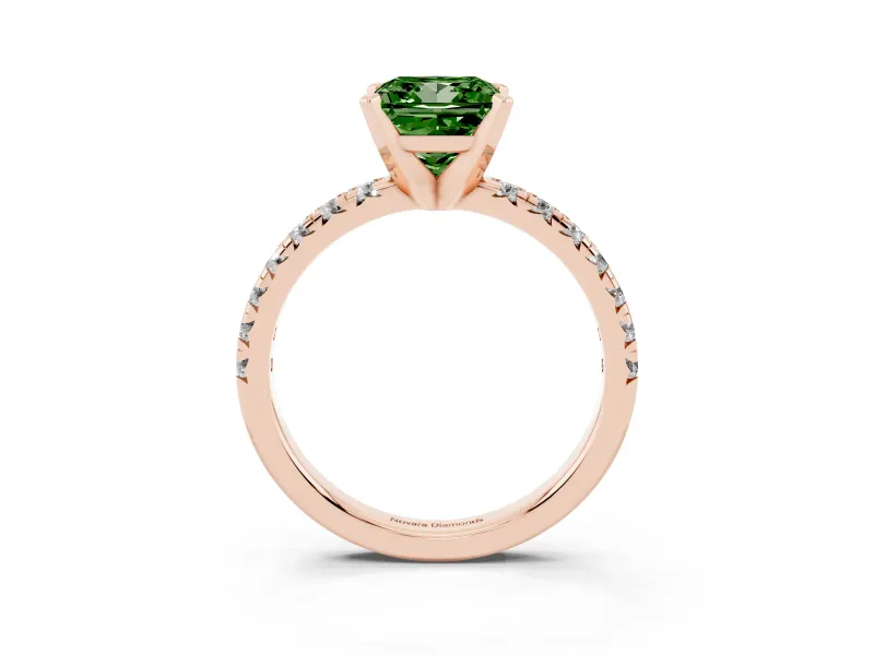 Fancy Green Princess Cut Diamond Solitaire Pavé Engagement Ring Set in Rose gold with Round Band and Prong Setting