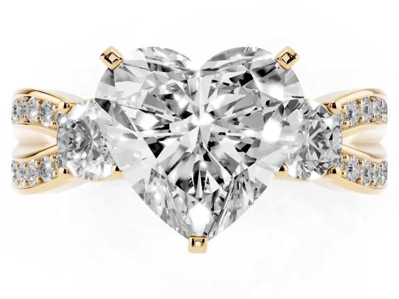 Three-Stone Heart Cut Diamond Twist Band Ring Set in Yellow gold with Pavé Accents and Prong Setting