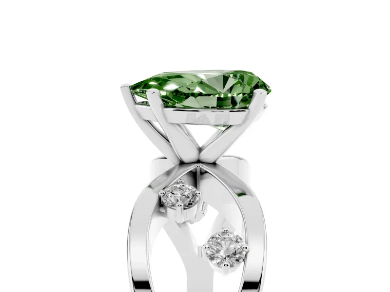 Fancy Green Pear Cut Diamond Solitaire Ring Set in Platinum with Side Stones on Criss-Cross Band and Prong Setting