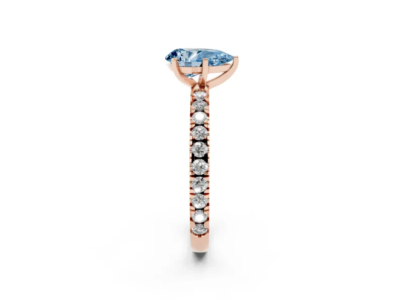 Fancy Blue Pear Cut Diamond Pavé Band Solitaire Set in Rose gold with Prong Setting