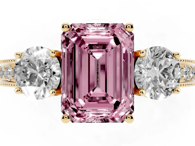 Emerald Cut Three Stone Engagement Ring Setting for a Fancy Pink Lab-Grown Diamond | Graduated Pave Band | Yellow Gold