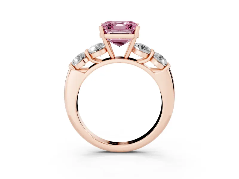 Fancy Pink Asscher Cut Diamond Five-Stone Prong Set Ring Set in Rose gold with Classic Band