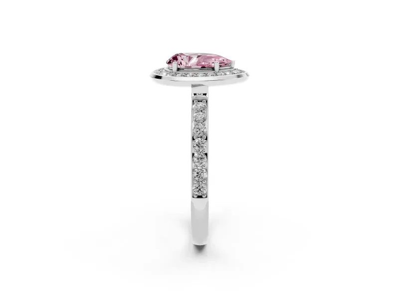 Fancy Pink Pear Cut Diamond Halo Ring Set in Platinum with Bezel Frame and Pavé Band