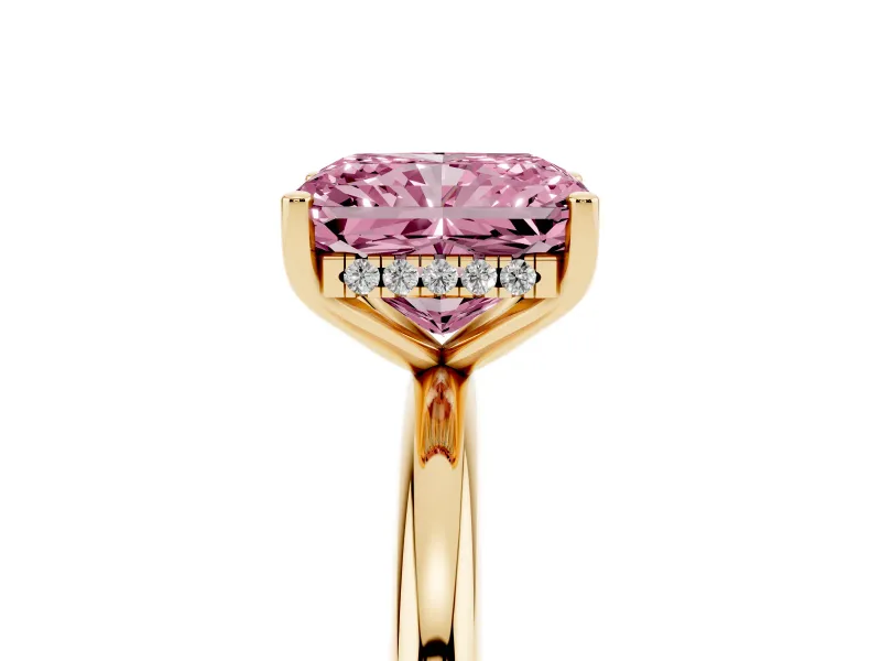 Fancy Pink Radiant Cut Diamond Solitaire Engagement Ring Set in Yellow gold with Prong Setting and Polished Band